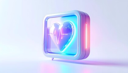 3D rendered heart monitor icon with neon glow and square frame