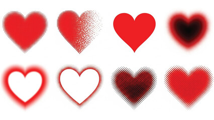 A collection of eight different red heart icons displayed in two rows. The styles include halftone patterns, dissolving effects, smooth gradients, and glowing outlines on a white background.