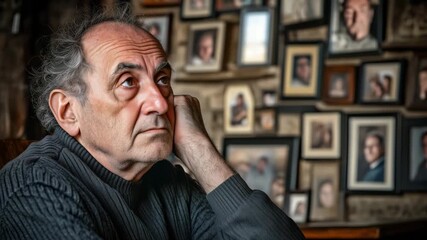 An elderly man sits thoughtfully among a collection of family photos, reflecting on memories and moments from his life