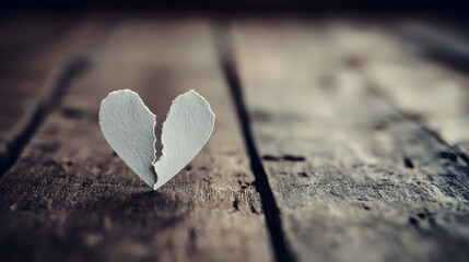Torn paper heart on rustic wooden background symbolizing broken heart, loneliness, sadness and emotional pain, ideal for post-Valentine&rsquo;s content and themes of lost love