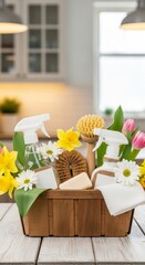 Spring cleaning essentials with flowers in modern kitchen setting