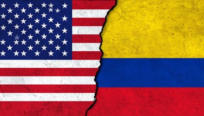 USA and Colombia flags split by jagged tear