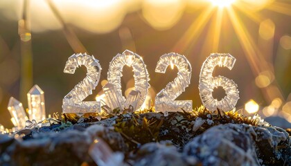 Sparkling numbers 2026 sit on mossy rock, sunburst in background
