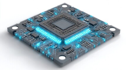 advanced AI microchip with glowing circuits isolated on white background