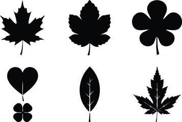 Vector art showing six different stylized leaf silhouettes with various shapes including maple and clover leaves flat design isolated on white background
