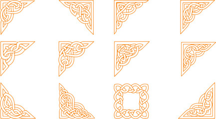 A beautiful grid of intricate Celtic knot corner designs in a warm orange outline