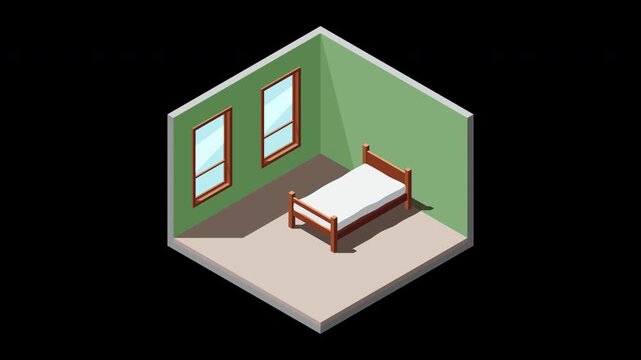 Isometric bedroom animation. Bedroom interior. Bed, lamps, TV, and other bedroom equipment. Isometric home furniture. Isometric home room. Transparent background with alpha channel