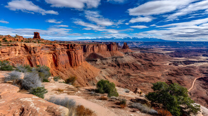 overlooking vast canyon, layered rock formations, dramatic scale, and warm sunlight enhancing depth and detail