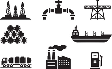 A collection of black industrial icons representing the oil and gas energy industries