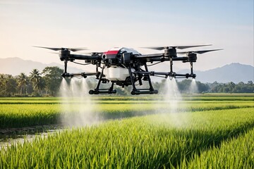 Advanced agricultural drone spraying pesticides over lush green rice fields, representing innovative farming techniques and sustainable crop management in modern agriculture