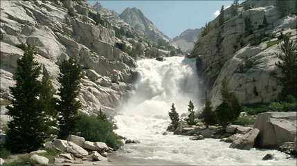 cascading down rugged cliffs, powerful flowing water, mist rising at the base, surrounded by lush vegetation