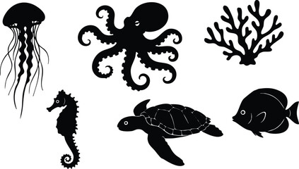 Black silhouettes of jellyfish octopus seahorse coral fish and sea turtle in underwater sea life vector set collection with detailed outlines on white background