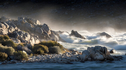 cascading down rugged cliffs, powerful flowing water, mist rising at the base, surrounded by lush vegetation