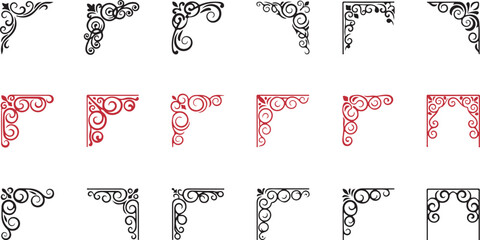 A comprehensive assortment of intricate scrollwork corner elements in classic black and red colors