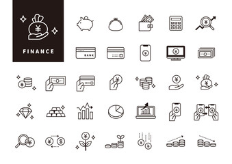 資産管理や決済を説明するための金融フラットアイコン素材集（UI・資料向け）黒線アウトライン
