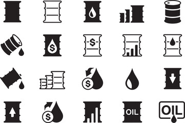 A comprehensive collection of black icons representing oil barrels and related petroleum industry concepts