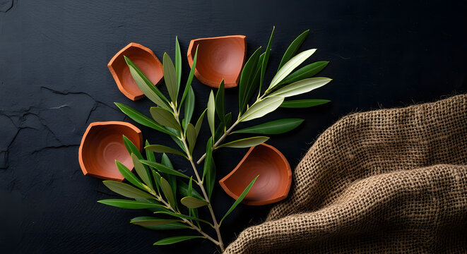 Olive branch, broken terracotta bowls, and burlap textile on dar