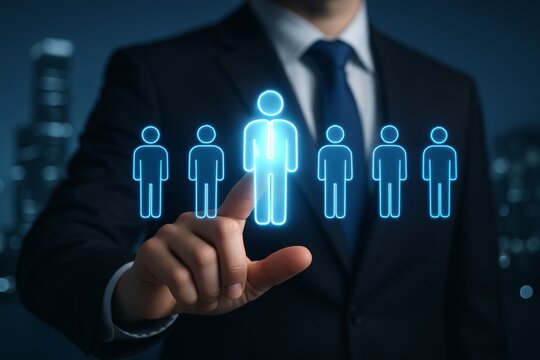 Businessman selecting glowing human icon among others, symbolizing human resources management and leadership in modern digital business concept. Ai generative