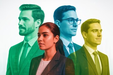 Diverse business team of professionals in color overlays representing innovation and collaboration in modern corporate concept setting. Ai generative