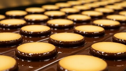 Chocolate glazed cookies on production line close-up
