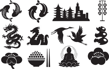 A diverse collection of black silhouettes representing various Asian cultural symbols and iconic elements