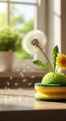 Whimsical spring still life with dandelion on spongebob