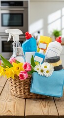 Spring cleaning essentials with floral accents in a sunlit kitchen