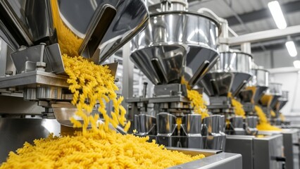 Golden metal cans on industrial conveyor belt with blue motor