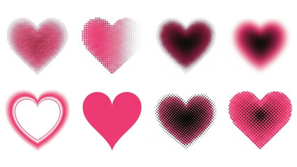 A collection of eight pink and magenta heart shapes with halftone and grunge effects isolated on white background.