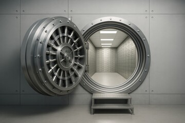 Massive round vault door open to reveal a secure room with countless safety deposit boxes under bright lighting, symbolizing financial security concept. Ai generative