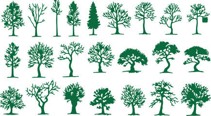 A large collection of diverse green silhouette illustrations showing various tree shapes and forms without leaves