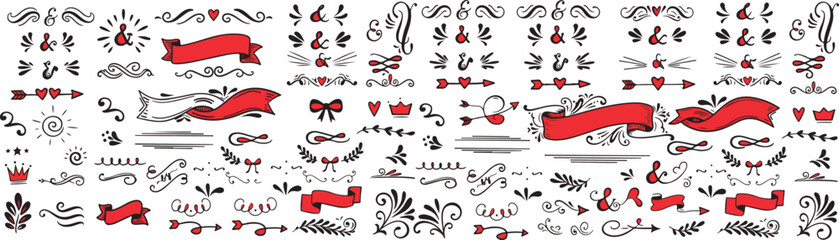 A large collection of hand drawn decorative design elements including hearts arrows ribbons and flourishes