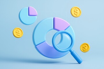 Colorful 3D pie charts with magnifying glass and floating coins on blue background illustrating financial business analytics concept. Ai generative. Ai generative