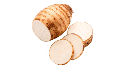 White root vegetable with slices, on a transparent background.