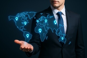 Businessman holding holographic world map with location pins, symbolizing global business strategy, logistics, and international networking concept. Ai generative
