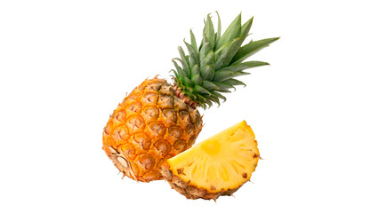 A whole aromatic pineapple and sliced ​​pineapple are placed on a transparent background.