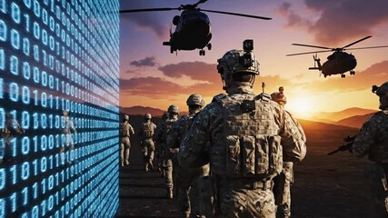 Military personnel advancing through a desert landscape with helicopters overhead at sunset with digital data streaming