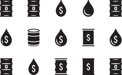 Black silhouette icons showing oil barrels and drops with dollar symbols representing fuel costs