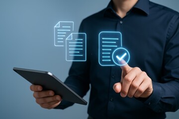 Businessman using digital tablet with floating holographic document icons and check mark symbol on blue background representing approval concept. Ai generative