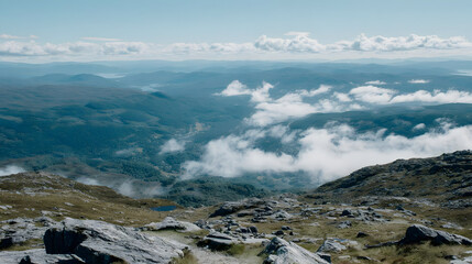 with rolling terrain, low clouds drifting across hills, cool tones, and atmospheric depth