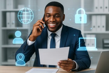 Smiling businessman in office on phone call holding document, surrounded by digital icons of internet, security, user, and technology concept interface. Ai generative