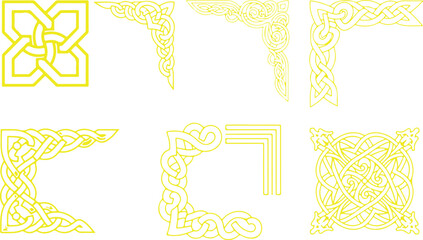 Bright yellow outline illustrations of various intricate Celtic knot patterns and decorative corner elements