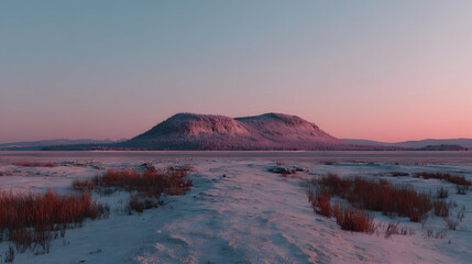 landscape with frozen plains, distant mountains, pale sky, minimal color palette emphasizing cold and isolation