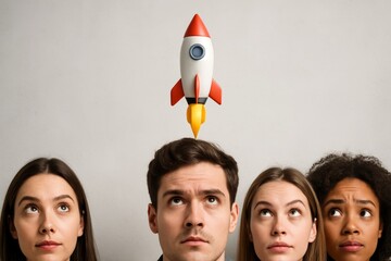 Group of diverse young people looking up at cartoon rocket symbolizing startup success and innovation in business concept on neutral background wall. Ai generative