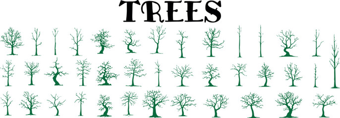 Diverse collection of bare tree silhouettes in green and black with varied shapes and branches