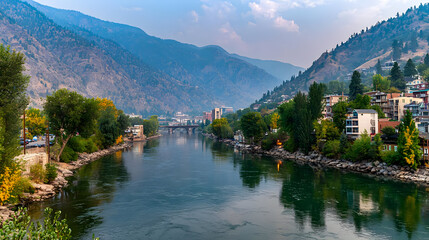 Fototapeta premium winding through a green valley, soft reflections on water surface, layered hills in background under calm sky