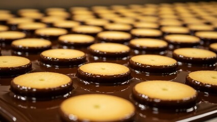 Production line of chocolate coated biscuits close-up
