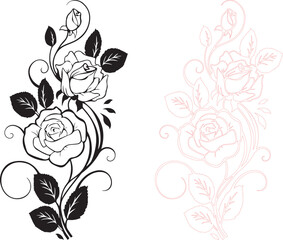 Elegant black and white rose floral motif paired with an identical red outline version on white
