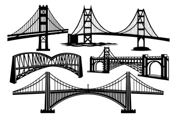 Fototapeta premium Suspension and Arch Bridge Vector Illustration Set, Black and White Line Art Collection. Famous Bridges Silhouette Vector Set, Architectural Line Art Illustration.