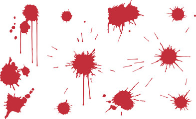Multiple red blood splatters, drips, and energetic splashes scattered across a clean white surface